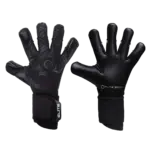 כפפות שוער ELITE NEO BLACK שתי הכפפות אחת ליד השניה כאשר הימנית הפוכה עם כף היד למצלמה