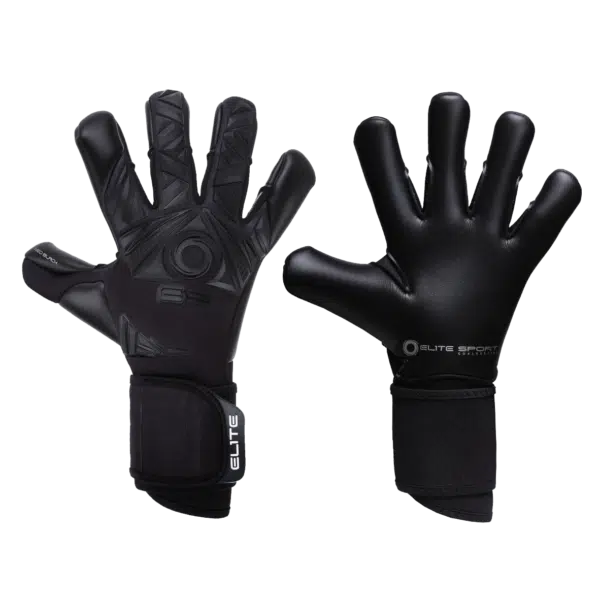 כפפות שוער ELITE NEO BLACK שתי הכפפות אחת ליד השניה כאשר הימנית הפוכה עם כף היד למצלמה