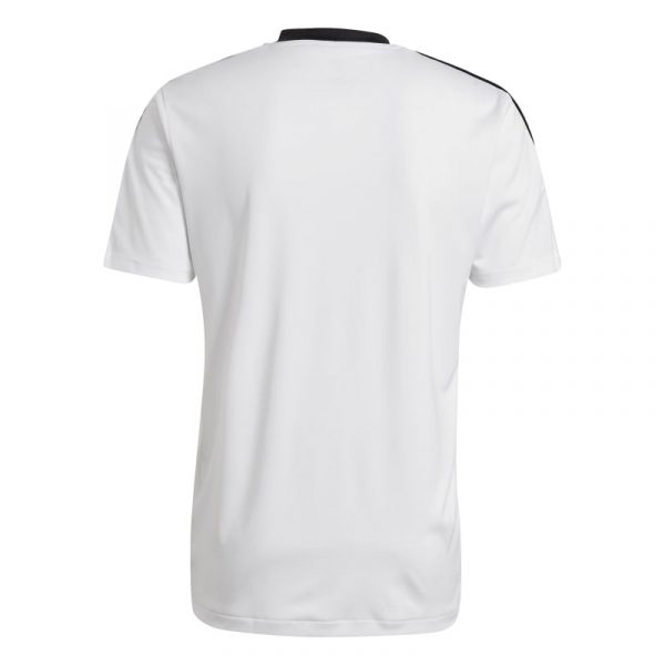 חולצת אדידס לבנה מבט מאחור עם צוורון לוגו ופסים על הכתפיים שחורים