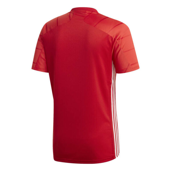 חולצת אדידס שרוול קצר בצבע אדום עם פסים אדומים כהים יותר ודקים לרוחב גב