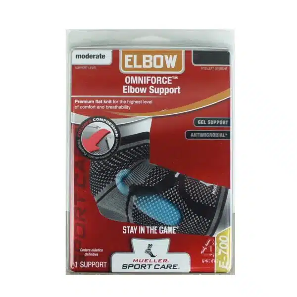מארז של Omniforce Elbow Support E-700 - תומך מרפק של Mueller בצבע אפור שחור עם כריות ג'ל לתמיכה וזרימת דם