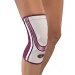 LIFECARE For Her Contour Knee Sleeve - תומך ברך קל לנשים סגול לבן ורוד על רגל ימין של אישה