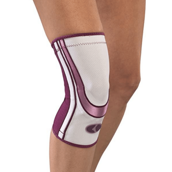 LIFECARE For Her Contour Knee Sleeve - תומך ברך קל לנשים סגול לבן ורוד על רגל ימין של אישה