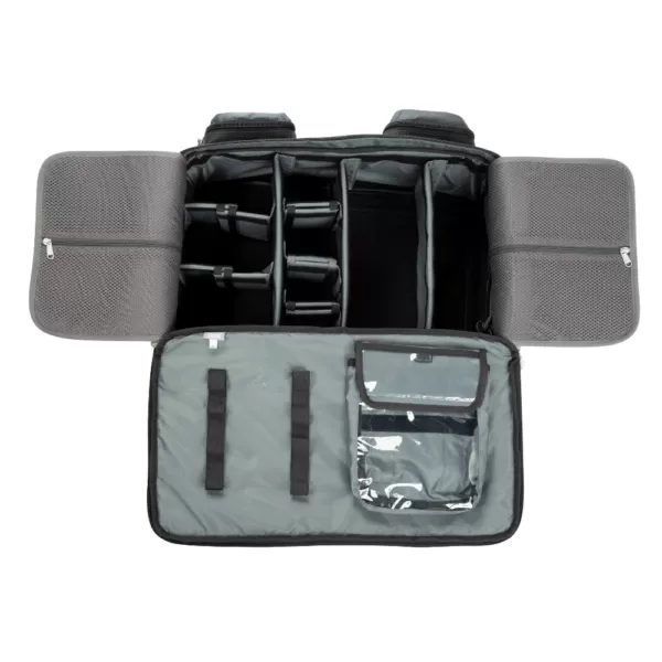 MEDI KIT™ OMNI™ - תיק מודולרי לפיזיותרפיסט שחור עם תופסנים לרוכסנים בצבע צהוב מבט מבפנים עם מלא כיסים וחלקים