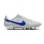 Nike Tiempo Legend 9 Elite MI FG נעלי כדורגל מקצועיות צבע עור אפור עם סוליה כסף ונייקי כחול לוגו מונטהבלונה מאחורה בכחול