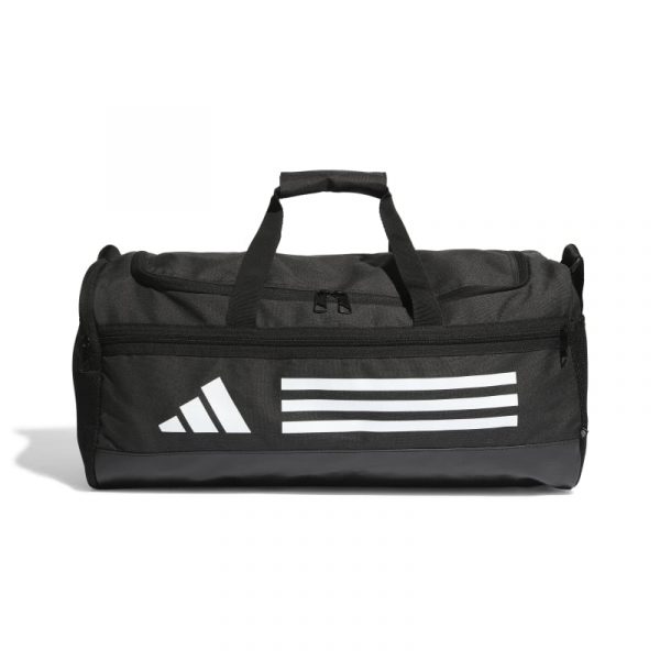 תיק אדידס Essentials Training Duffel Bag Small תמונה מלפנים לוגו אדידס גדול משמאל ו-3 פסים מקבילים מימין במאוזן