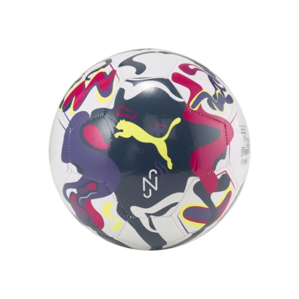 כדור כדורגל Puma Neymar Jr לבן עם ציורים צבעוניים בשחור סגול כהה ורוד וצהוב